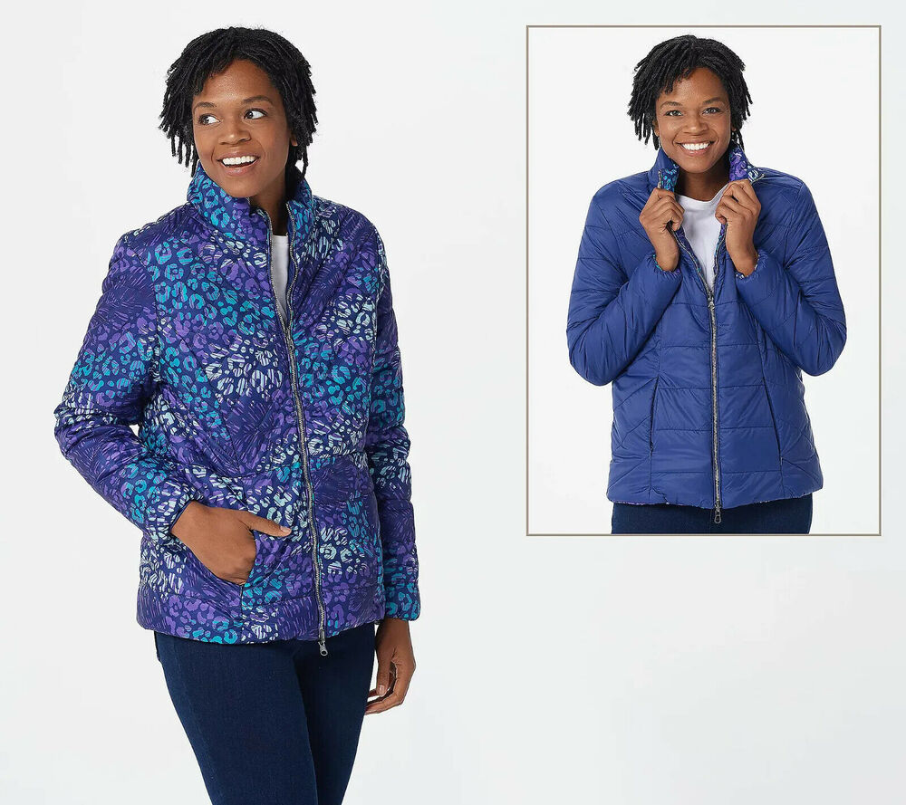 Attitudes by Renee Reversible Packable Puffer Jacket XXS Purple Blue QVC NWT
